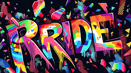 Creative design of multicolored shapes and the word PRIDE