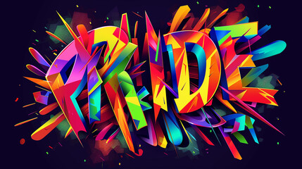 Artistic word PRIDE  in a graffiti style with multicolored geometric shapes - obrazy, fototapety, plakaty