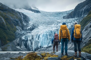 Fototapeta premium Hikers in awe in front of a glacier wall in the mountains