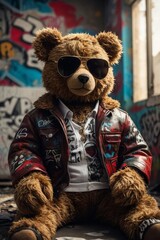 Urban Chic Teddy: Stylish Plush Bear with Sunglasses and Graffiti Jacket in Alleyway