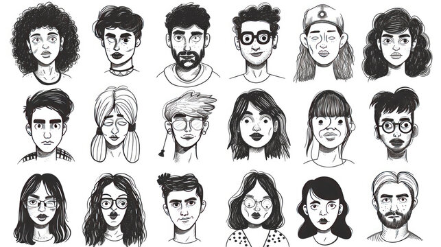 Hand-Drawn Doodle Set of People Faces. Perfect for Avatar Creation and Character Design