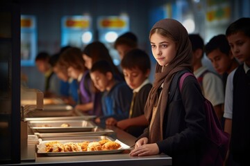 A schoolchild in the school cafeteria. Time of lunch break, peculiarities of the school meal, snack - obrazy, fototapety, plakaty