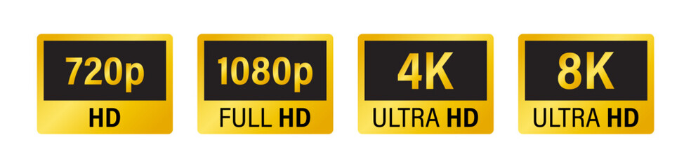 Screen resolution badges. Screen resolution icons. Video dimensions HD, FHD, 4K, 1080p.