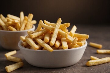 Photo of a ceramic bowl full of tasty French fries