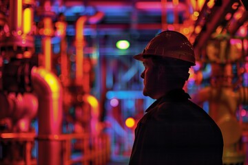 Fototapeta premium Industrial worker in hard hat at work on pipes with bright lights in the background
