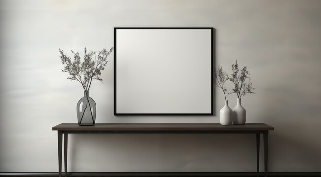 Blank picture frame mockup. Gray white living room design.