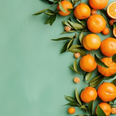 Many fresh ripe tangerines and leaves on light green back Space for text