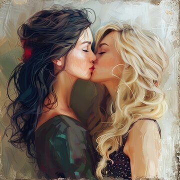 oil painting drawing of blond and brunette woman kissing. LHBTQI +