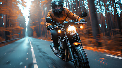 A man wearing a helmet and jacket is riding a motorbike on the road. - obrazy, fototapety, plakaty
