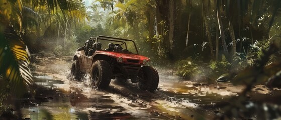 A buggy rides at through the jungle. Extreme. Splashes, dirt, branches, stones. Off-road racing. Auto-sport. Generative ai. Jungle. Sport