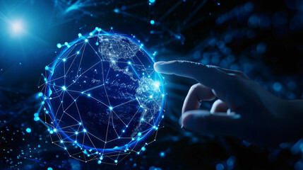 Obraz premium The technology concept, hands of human touch digital earth globe, generative ai