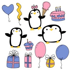 Birthday party animals set penguin pattern for wrapping paper and fabrics and kids print and summer print