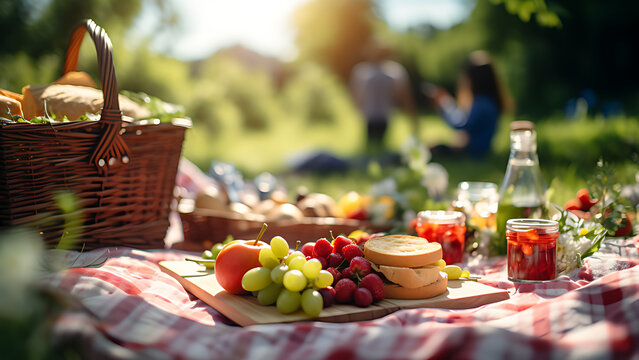 View of a picnic with various foods on a picnic cloth, and children playing next to it (blurred).