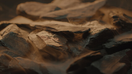 Rough abstract wet stones rotating with a foggy atmosphere around them 