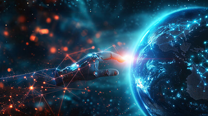 The technology concept, hands of human and robot touch digital glowing blue earth globe, Technology concept, generative ai