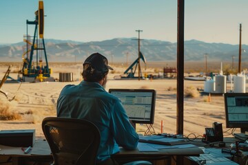 Oil Field Worker Monitoring Computer Screens in Remote Location for Smooth Operations