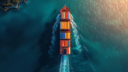 Top view of container cargo ship in logistics import export business and international container cargo ship transportation on the high seas. - obrazy, fototapety, plakaty