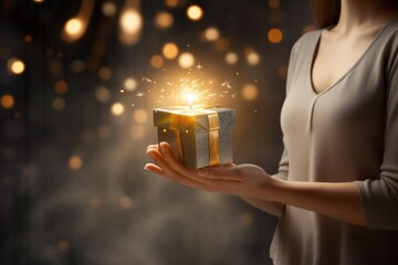  Elegant woman holding a wrapped gift, congratulations, gold . The scene is adorned with a touch of gold, adding a luxurious and celebratory ambiance to the moment. - obrazy, fototapety, plakaty