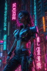 Cyberpunk cityscape, Full Body Shot of Japanese female Warrior