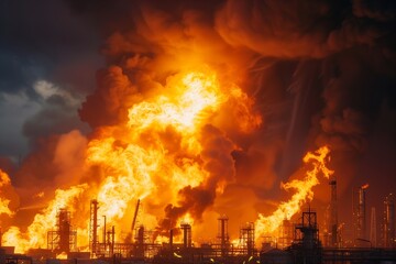 Obraz premium Firefighters battle a massive blaze at an oil refinery after an explosion rocked the facility