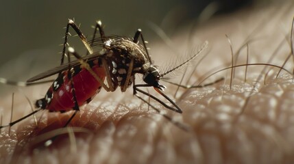 large mosquito biting a human on the arm with its tail full of blood in high resolution and quality