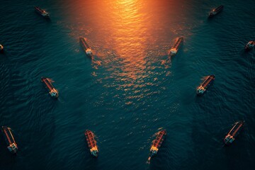 Aerial view of cargo ship fleet at anchor in the ocean at sunset, waiting to enter or leave port