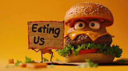 Whimsical plea: cartoon characters, fast food holding a sign 'Stop Eating Us.' A playful take on the concept of proper nutrition and the pursuit of a healthier lifestyle.