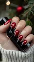 Festive Elegance: Chic Dark Red and Glitter Ombre Nails for the Holiday Season
