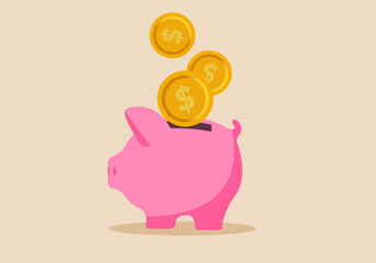 Saving money for the future or financial success, building wealth, budgeting or cut spending to save money for future concept, money dollar coins drop into a piggy bank