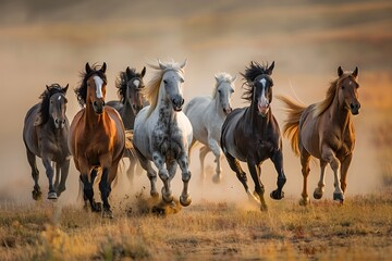 A herd of horses running, scattering dust