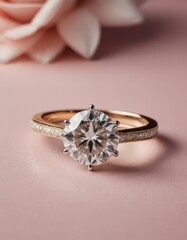 Engagement beautiful gold ring with diamond, close-up on a pink background, banner. Wedding concept, invitations, cards.