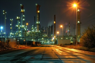 Fototapeta na wymiar Illuminated oil refinery complex with fractionating columns and flare stacks at night