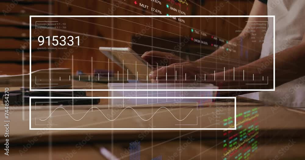 Poster animation of data processing caucasian man using tablet