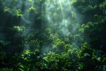 Dense jungle landscape illuminated by sunlight - obrazy, fototapety, plakaty
