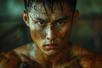 Close-up portrait of a young Asian boxer with bare chest, smeared in mud under drops of water. Determined fighter with muscular body and confident look. Combat sports and active lifestyle concept.