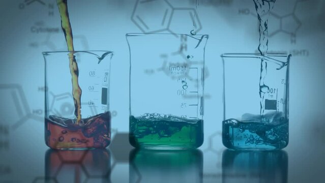 Animation of chemical formula over beakers with colourful liquid