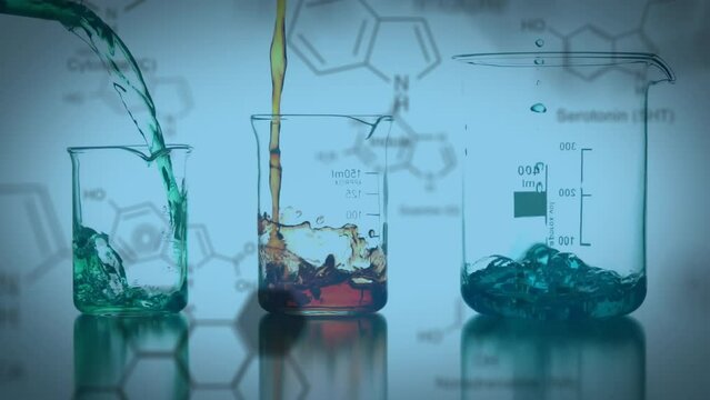 Animation of chemical formula over beakers with colourful liquid