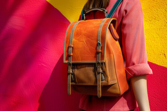 Back view of a young girl with orange leather backpack against colorful wall background. Close-up shot of vintage leather backpack. Trendy accessories.