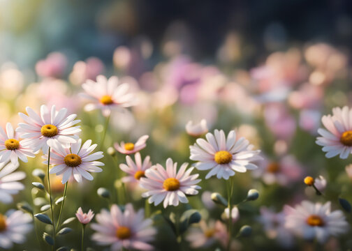 Daisies in the garden macro photography. Sunshine, soft pastel tones, magical nature copy space wallpaper. Summertime, meadow flowers on the spring meadow, natural backgrounds 