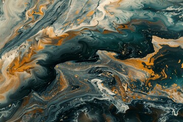 Golden And Green Liquid Paint Abstract Background Isolated On Black