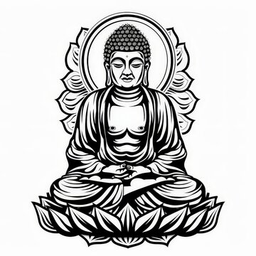 a black and white drawing of a buddha