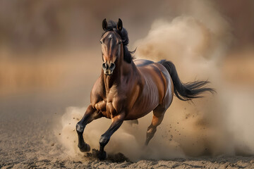 A beautiful horse running and raising dust