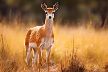 A graceful antelope stands alert in the golden grasses of the savanna. - obrazy, fototapety, plakaty