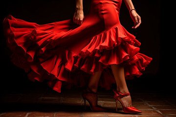  A detailed view of a flamenco dancer's swirling red dress and elegant pose. - obrazy, fototapety, plakaty