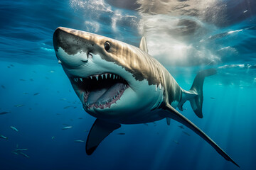 Fototapeta premium A great white shark swims with its mouth open, revealing sharp teeth, in the deep blue ocean.