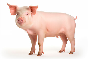 A happy-looking pink pig stands isolated against a white background, looking at the camera.
