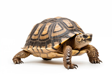 A brown tortoise with detailed shell patterns on a white background.