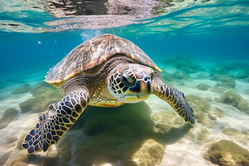 Fototapeta premium A sea turtle swims gracefully in a clear, blue ocean with sunlight above.