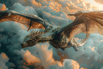 Dragon flying high in the cloudy sky - obrazy, fototapety, plakaty