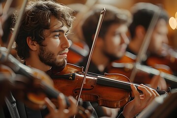 violinist playing in orchestra - obrazy, fototapety, plakaty